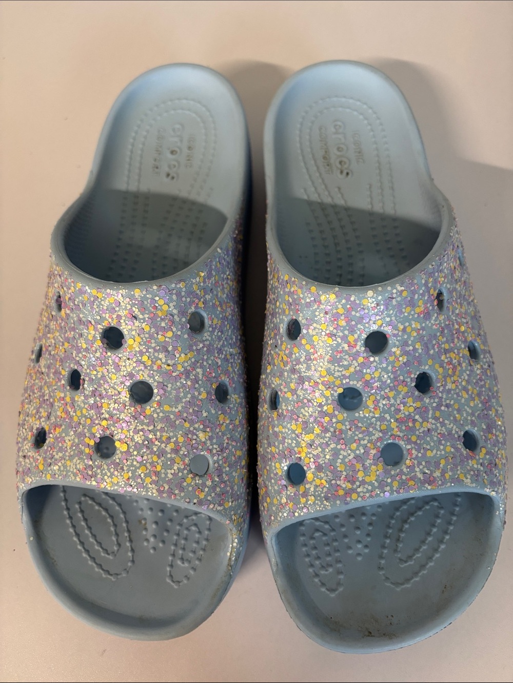 Crocs Light Blue Glitter Slide Sandals